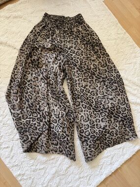 Wide Leg Linen Leopard Print Pants - Brown